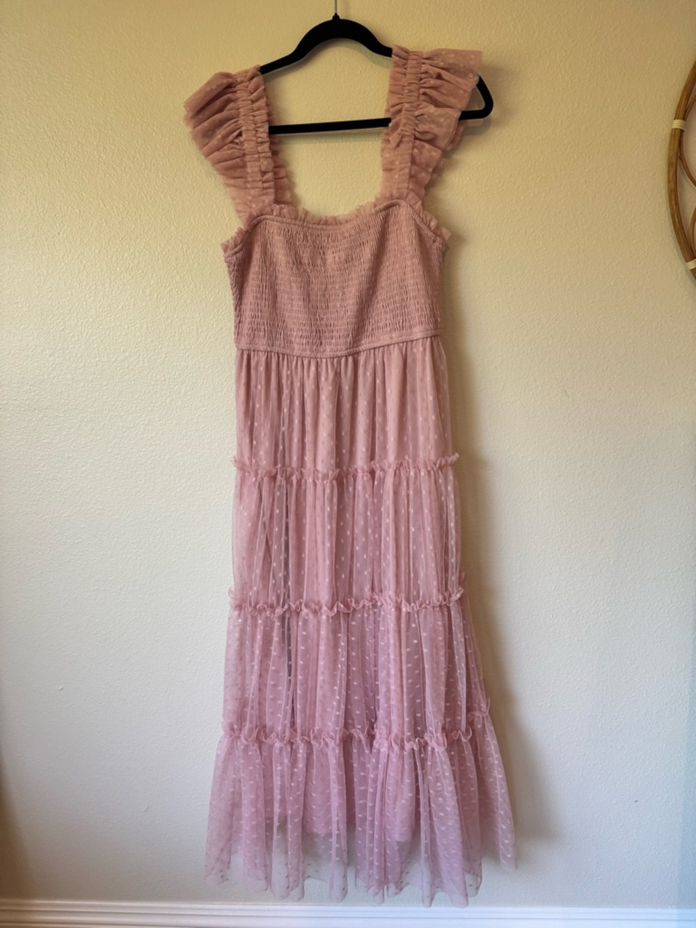 Blu Pepper Polka Dot Tulle Tiered Maxi Dress | Blush Pink | Size Large